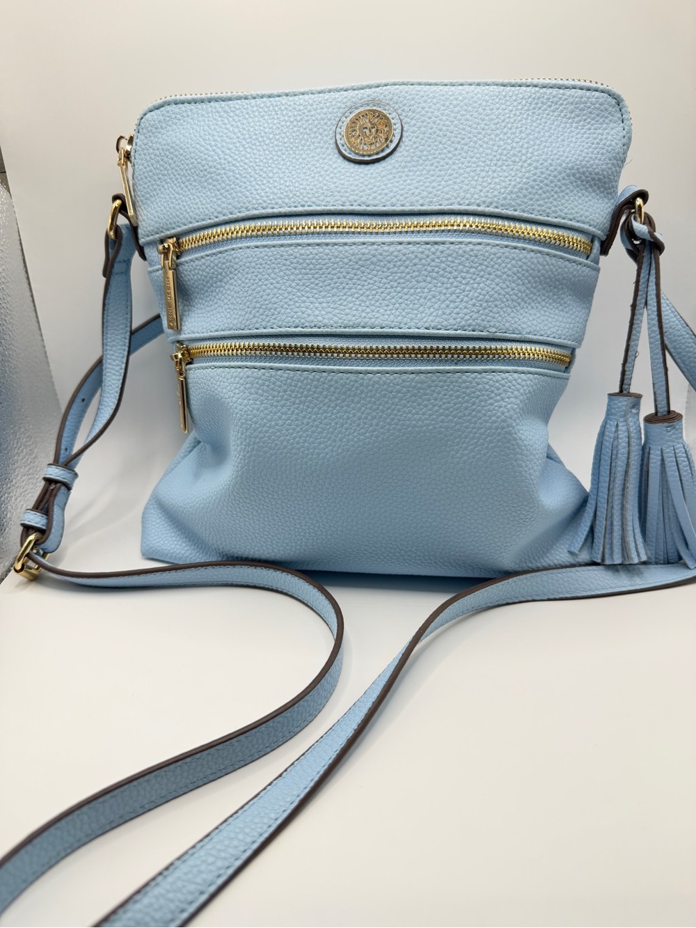Anne Klein Sky Blue Pebbled Crossbody Bag Gold Hardware Tassel Handbag